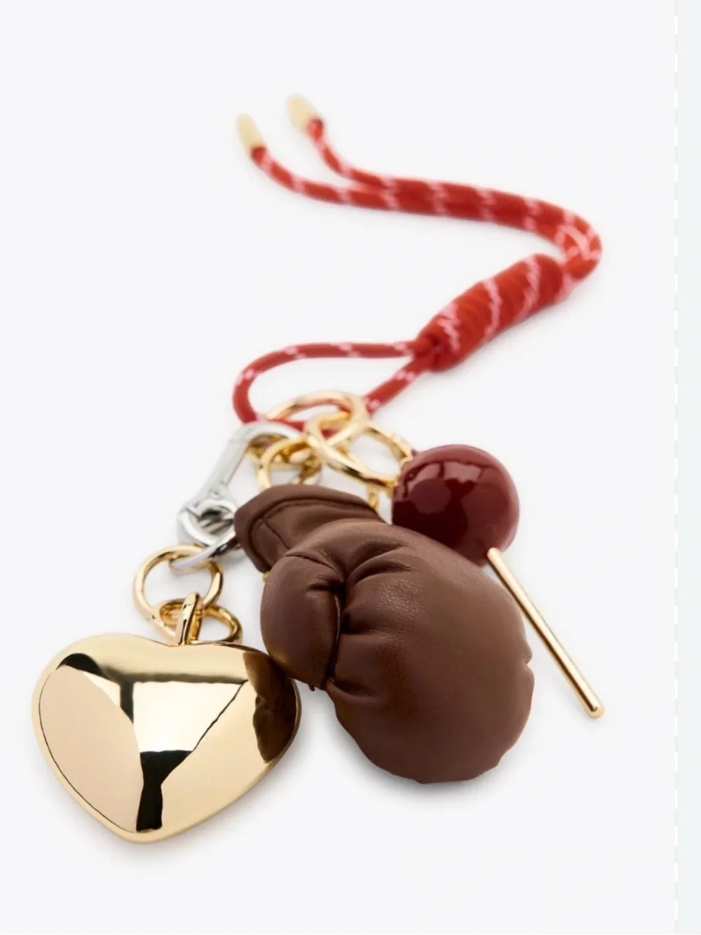 Zara Red Cord Keychain with Brown Boxing Glove and Gold Charms